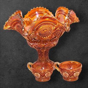 Imperial Marigold Carnival Glass Hobstar & Arches Punch Bowl & Base with 2 Cups